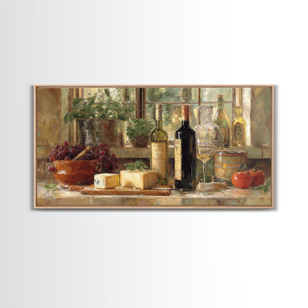 Wine Bottle Grapes and Cheese Still Life Framed Canvas Print, Kitchen Art, Kitchen Decor, Fine Art, Kitchen, Kitchen Art Print, KIT-2x1-80