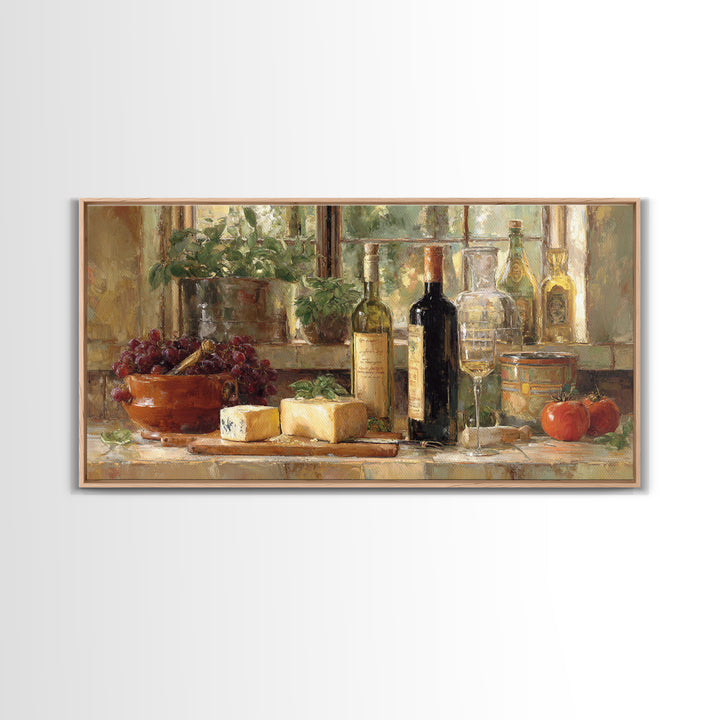 Wine Bottle Grapes and Cheese Still Life Framed Canvas Print, Kitchen Art, Kitchen Decor, Fine Art, Kitchen, Kitchen Art Print, KIT-2x1-80