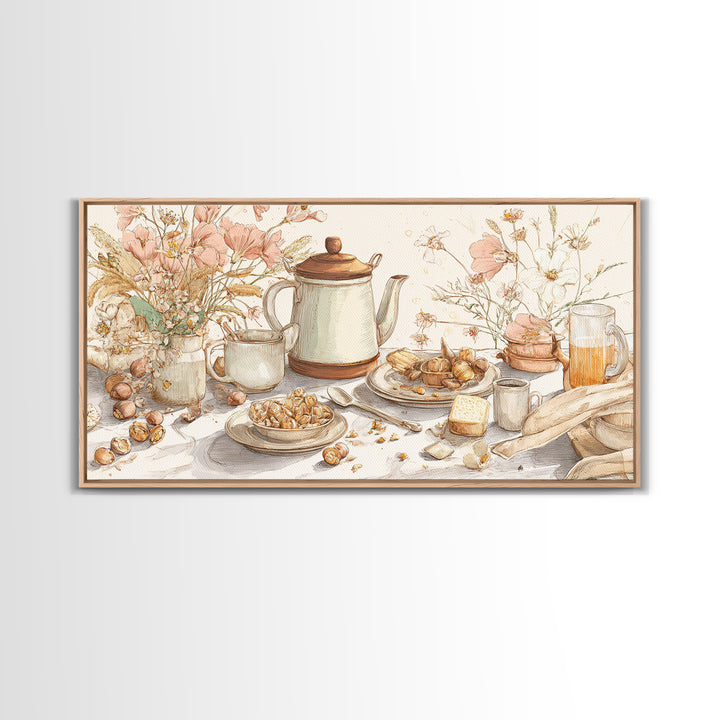 Tea Kettle with Steam and Wildflowers Canvas Print, Kitchen Art, Wall Art, Kitchen Decor, Watercolor Art, Kitchen, KIT-2x1-82