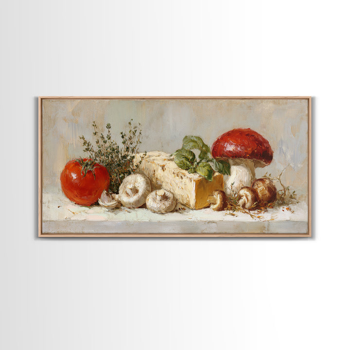 Mushrooms and Thyme Botanical Study Framed Canvas Print, Kitchen Art, Contemporary Art, Kitchen Decor, Oil Painting, Kitchen, KIT-2x1-83