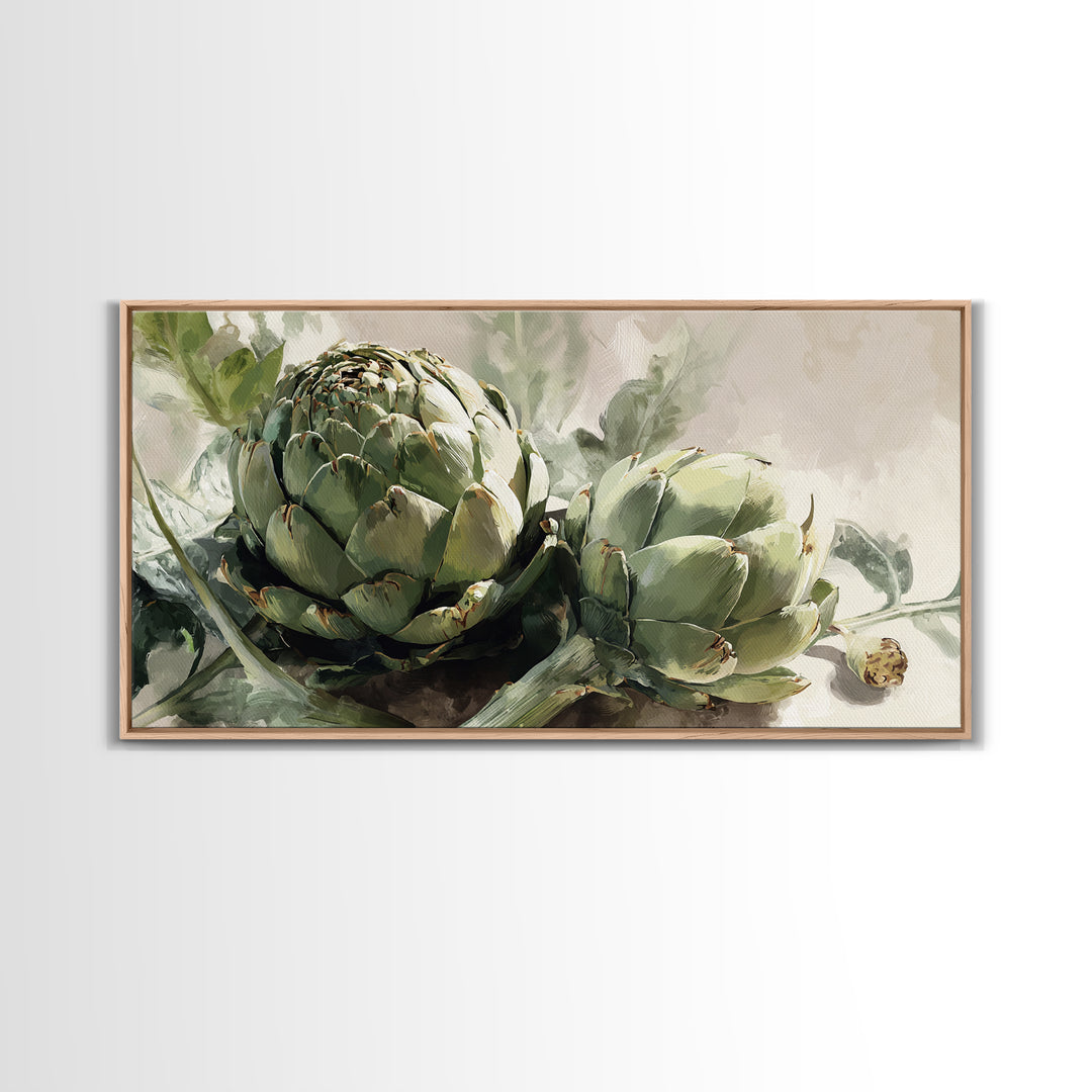 Artichoke Closeup in Painterly Green Tones Framed Canvas Print, Kitchen Art, Kitchen Wall Art, Kitchen Decor, Fine Art, Kitchen, KIT-2x1-88