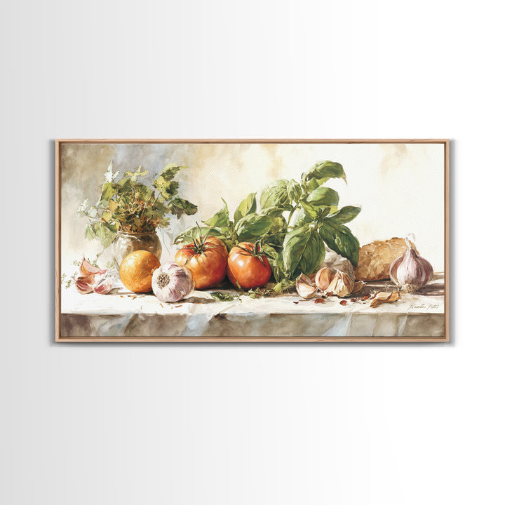 Tomatoes Garlic and Basil on Linen Framed Canvas Print, Kitchen Art, Kitchen Art Print, Kitchen Decor, Fine Art, Kitchen, KIT-2x1-95