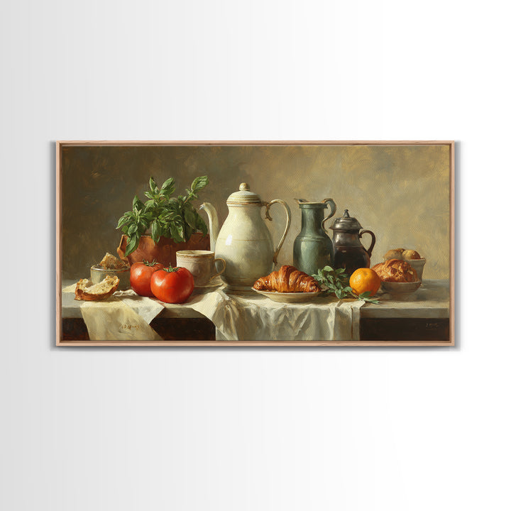 Coffee Pot and Croissant Morning Still Life Framed Canvas Print, Kitchen Art, Printable Art, Kitchen Decor, Fine Art, Kitchen, KIT-2x1-99