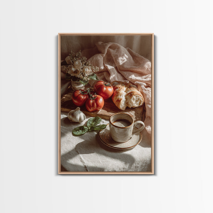 Tomatoes Garlic and Basil on Linen Canvas Print, Kitchen Art, Bar Cart Decor, Kitchen Decor, Kitchen, Minimalist Decor, KIT-2x3-11