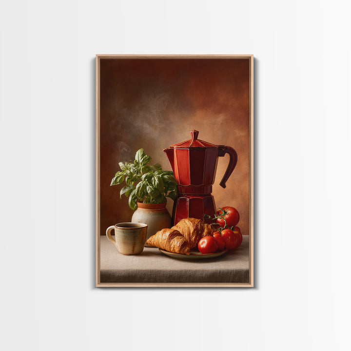 Coffee Pot and Croissant Morning Still Life Canvas Print, Kitchen Art, Gallery Decor, Kitchen Decor, Fine Art, Kitchen, KIT-2x3-15