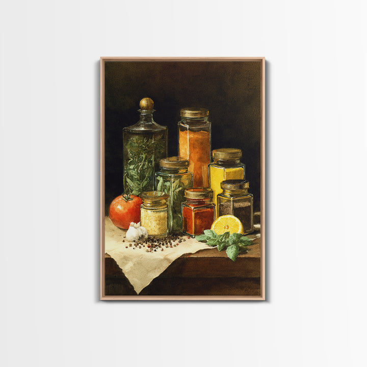 Watercolor Spice Jars Without Readable Labels Framed Canvas Print, Kitchen Art, Kitchen Decor, Oil Painting, Kitchen, KIT-2x3-21