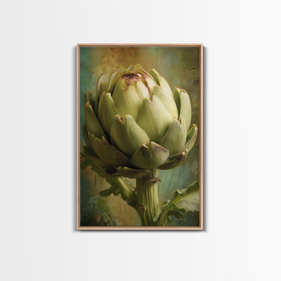 Artichoke Closeup in Painterly Green Tones Framed Canvas Print, Kitchen Art, Digital Print, Kitchen Decor, Fine Art, Kitchen, KIT-2x3-28