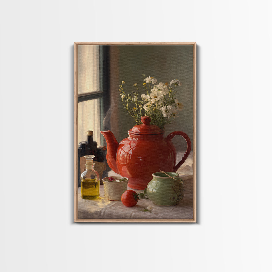 Tea Kettle with Steam and Wildflowers Framed Canvas Print, Kitchen Art, Textured Painting, Kitchen Decor, Fine Art, Kitchen, KIT-2x3-46
