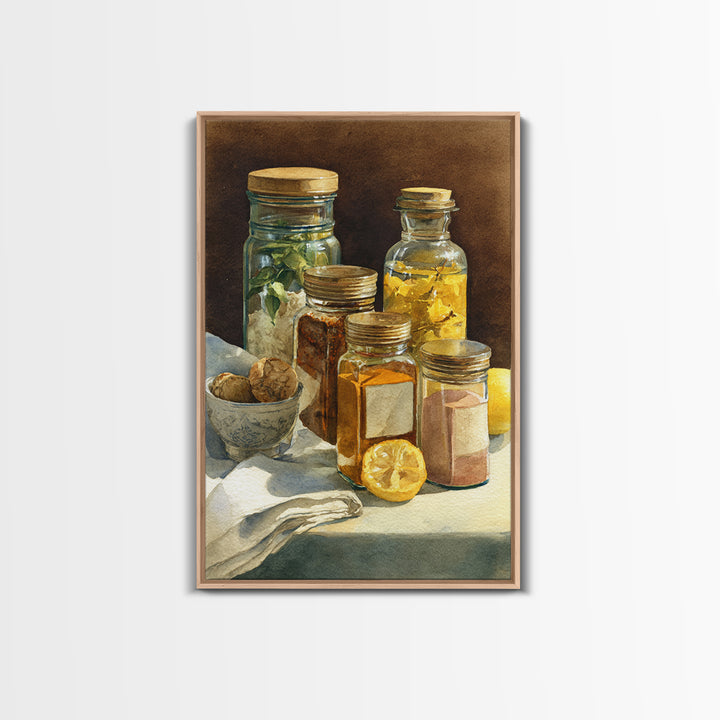 Watercolor Spice Jars Without Readable Labels Framed Canvas Print, Kitchen Art, Art Deco, Kitchen Decor, Fine Art, Kitchen, KIT-2x3-69