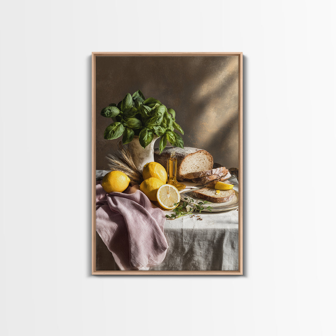 Pasta Lemons and Basil Mediterranean Still Life Framed Canvas Print, Kitchen Art, Kitchen Decor, Kitchen, Trendy Wall Art, KIT-2x3-73
