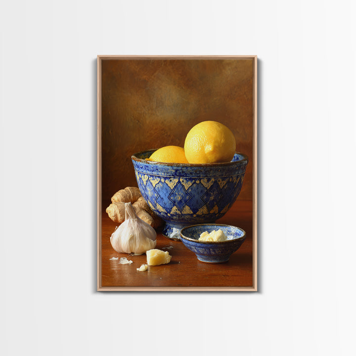 Lemons and Blue Ceramic Bowl Still Life Canvas Print, Kitchen Art, Prints, Kitchen Decor, Fine Art, Kitchen, Kitchen Wall Decor, KIT-2x3-82