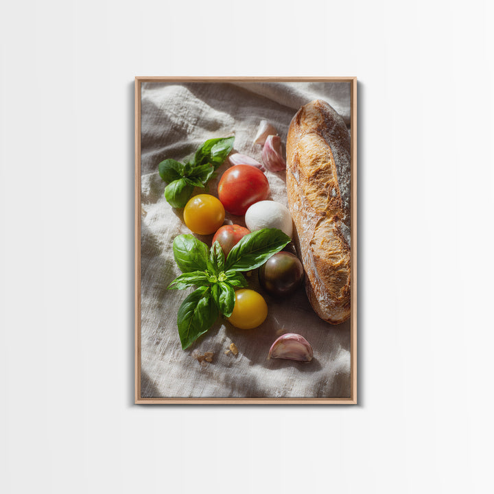 Tomatoes Garlic and Basil on Linen Framed Canvas Print, Kitchen Art, Printable Art, Kitchen Decor, Fine Art, Kitchen, KIT-2x3-83