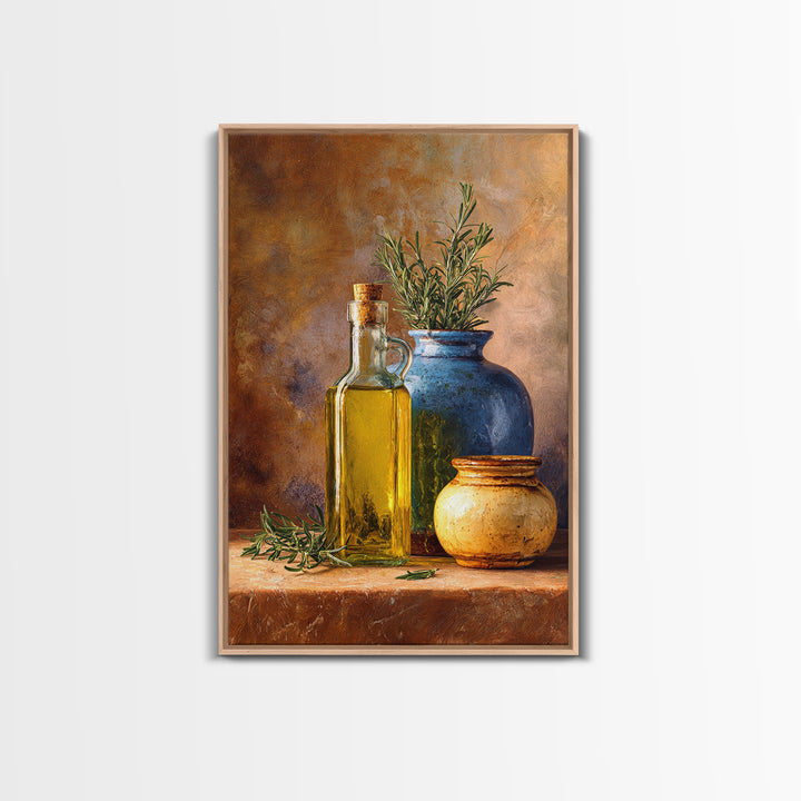 Olive Oil Bottle and Rosemary Branch Framed Canvas Print, Kitchen Art, Printable Art, Kitchen Decor, Oil Painting, Kitchen, KIT-2x3-85