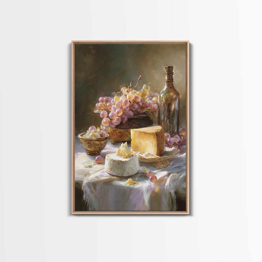 Wine Bottle Grapes and Cheese Still Life Framed Canvas Print, Kitchen Art, Gallery Decor, Kitchen Decor, Abstract Art, Kitchen, KIT-2x3-92