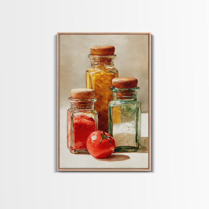 Watercolor Spice Jars Without Readable Labels Framed Canvas Print, Kitchen Art, Art Deco, Kitchen Decor, Fine Art, Kitchen, KIT-2x3-93