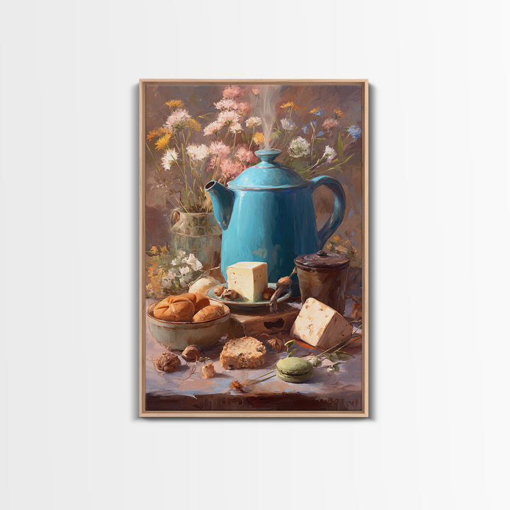 Tea Kettle with Steam and Wildflowers Framed Canvas Print, Kitchen Art, Digital Art, Kitchen Decor, Watercolor Art, Kitchen, KIT-2x3-94