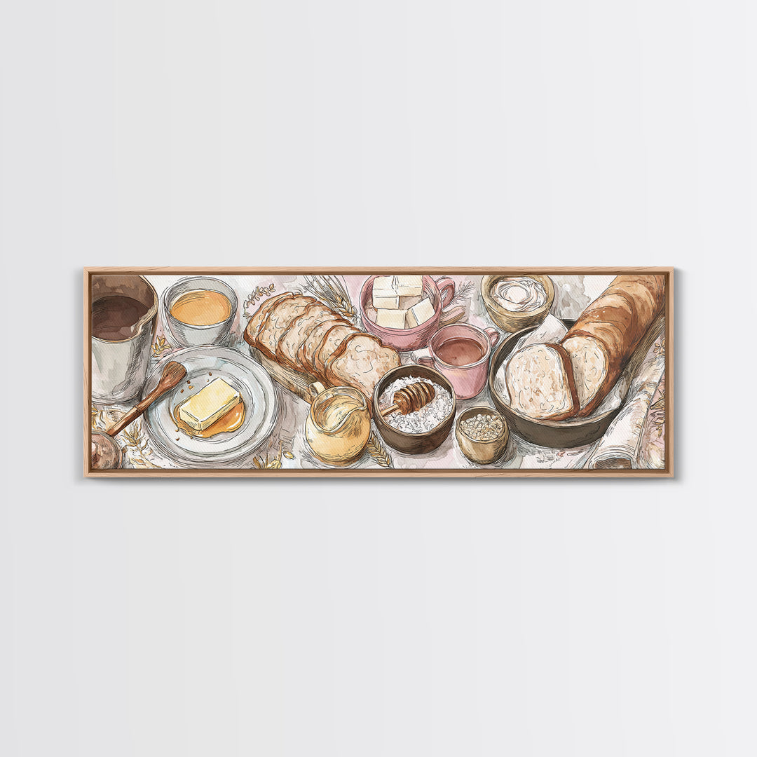 Fresh Bread with Butter and Honey Framed Canvas Print, Kitchen Art, Home Decor, Kitchen Decor, Fine Art, Kitchen, Digital Print, KIT-3x1-10