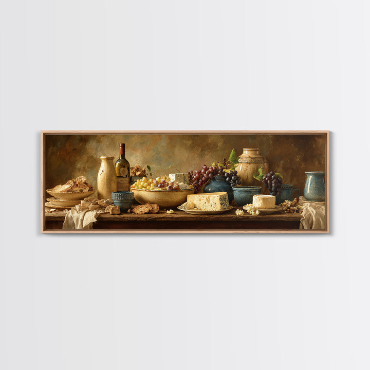 Wine Bottle Grapes and Cheese Still Life Canvas Print, Kitchen Art, Modern Decor, Kitchen Decor, Abstract Art, Kitchen, KIT-3x1-100