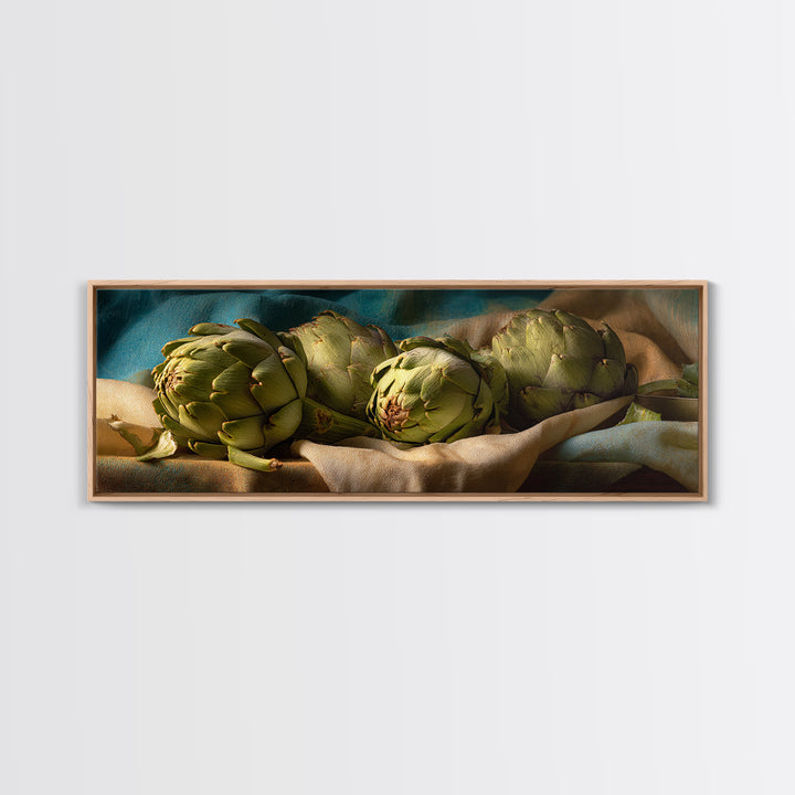 Artichoke Closeup in Painterly Green Tones Framed Canvas Print, Kitchen Art, Trendy Wall Art, Kitchen Decor, Fine Art, Kitchen, KIT-3x1-12