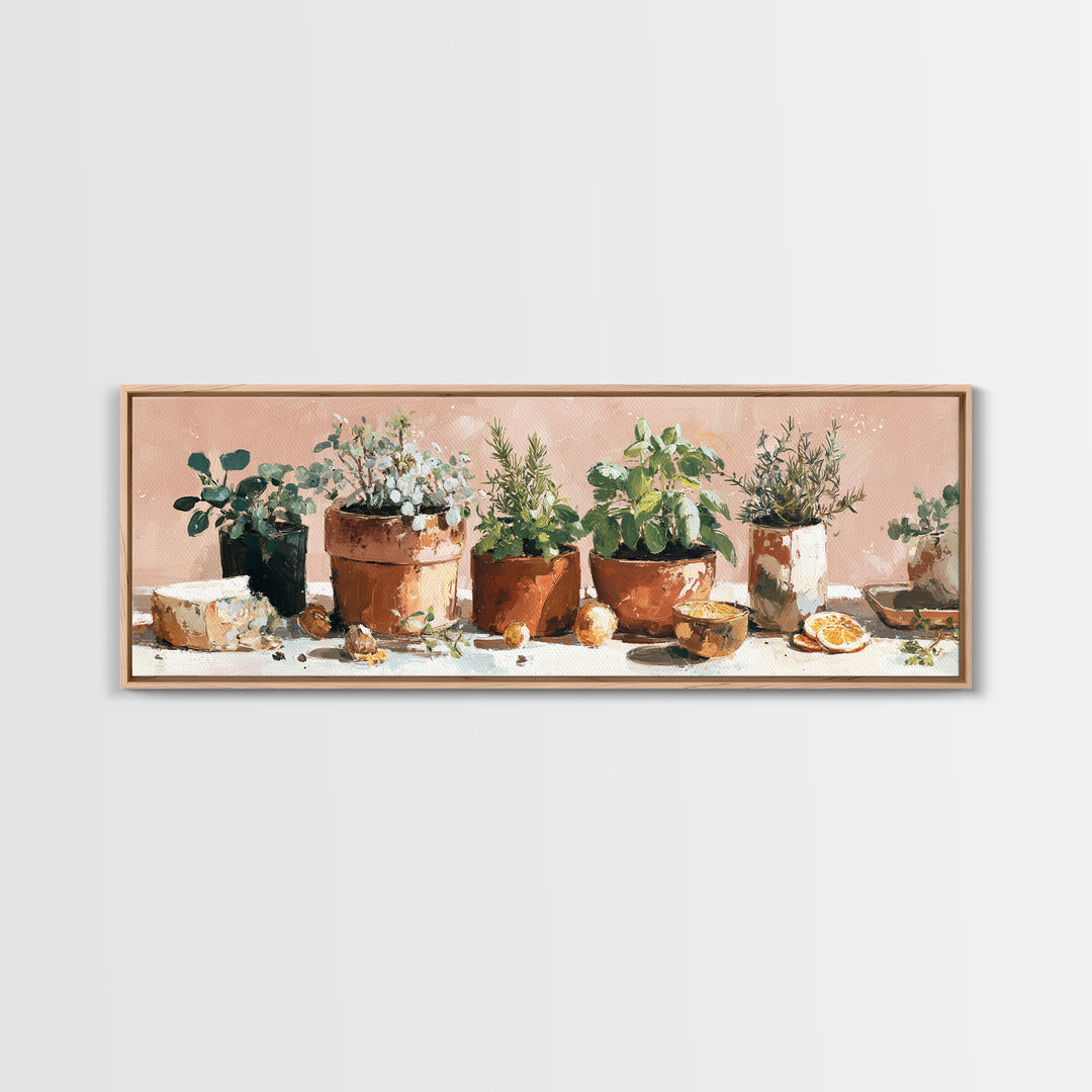 Fresh Herbs in Terracotta Pots Framed Canvas Print, Kitchen Art, Kitchen Wall Decor, Kitchen Decor, Fine Art, Kitchen, KIT-3x1-17