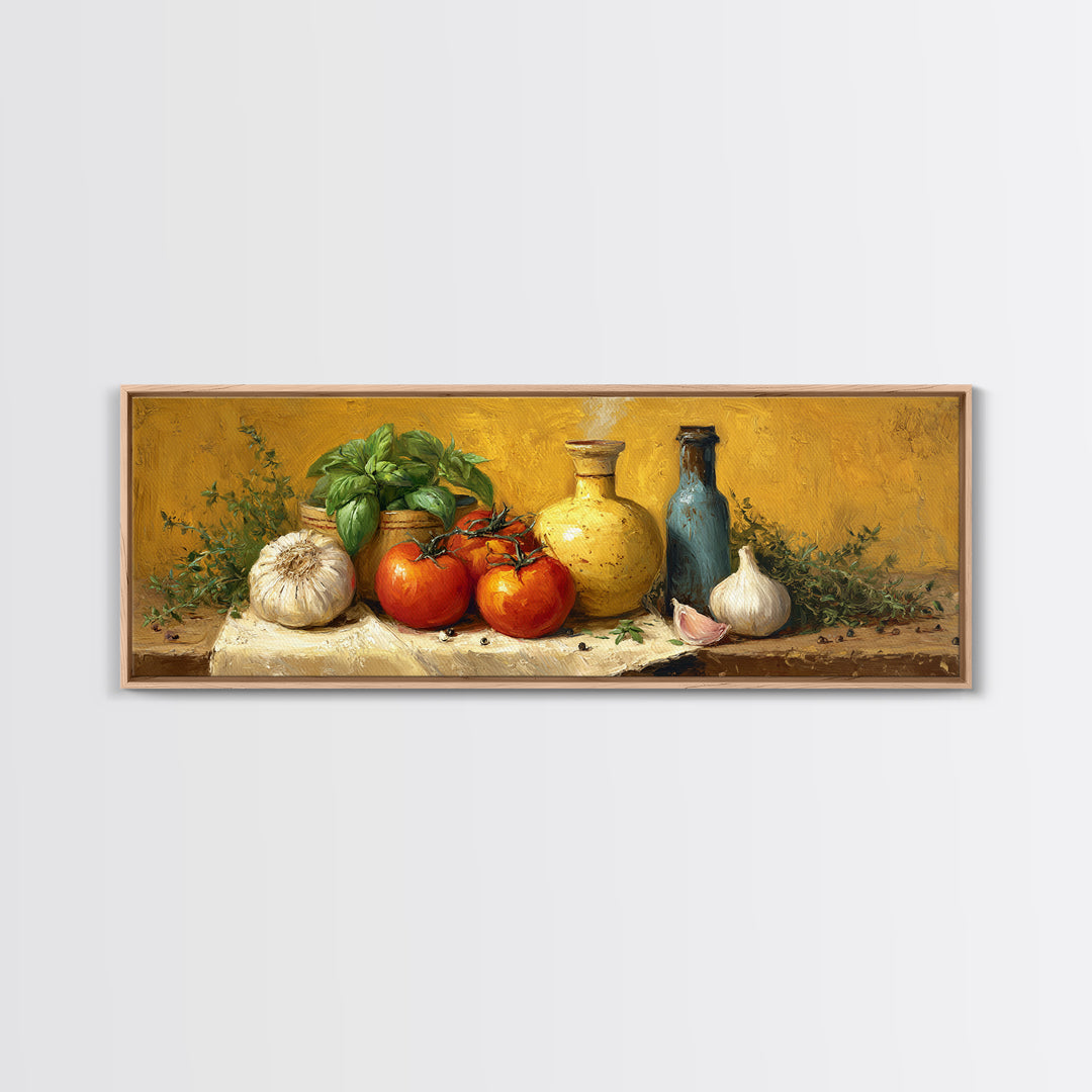 Tomatoes Garlic and Basil on Linen Canvas Print, Kitchen Art, Statement Artwork, Kitchen Decor, Abstract Art, Kitchen, KIT-3x1-19