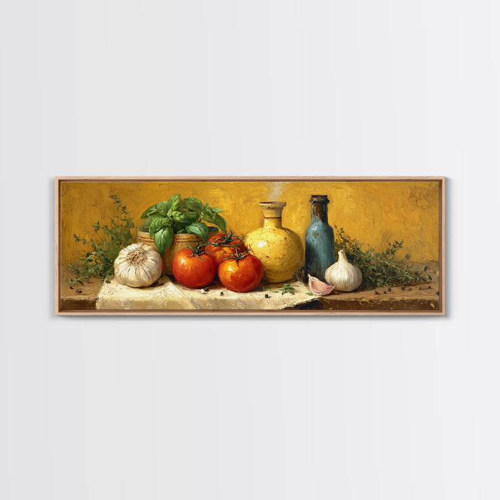 Tomatoes Garlic and Basil on Linen Canvas Print, Kitchen Art, Statement Artwork, Kitchen Decor, Abstract Art, Kitchen, KIT-3x1-19