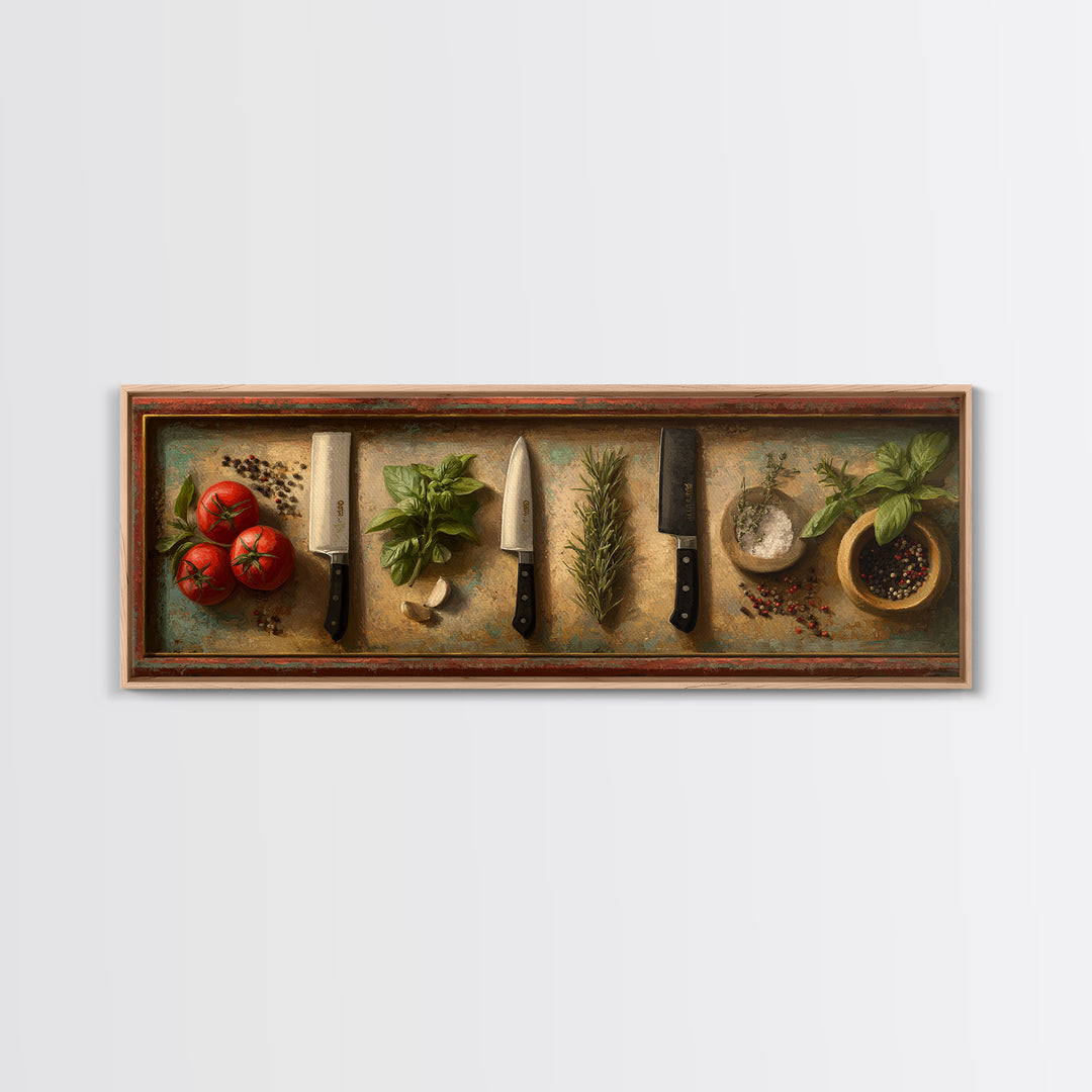 Chef Knives and Herbs Arranged as Graphic Framed Canvas Print, Kitchen Art, Prints, Kitchen Decor, Fine Art, Kitchen, KIT-3x1-2