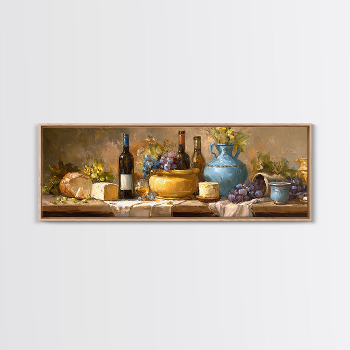 Wine Bottle Grapes and Cheese Still Life Framed Canvas Print, Kitchen Art, Coffee Print, Kitchen Decor, Oil Painting, Kitchen, KIT-3x1-28