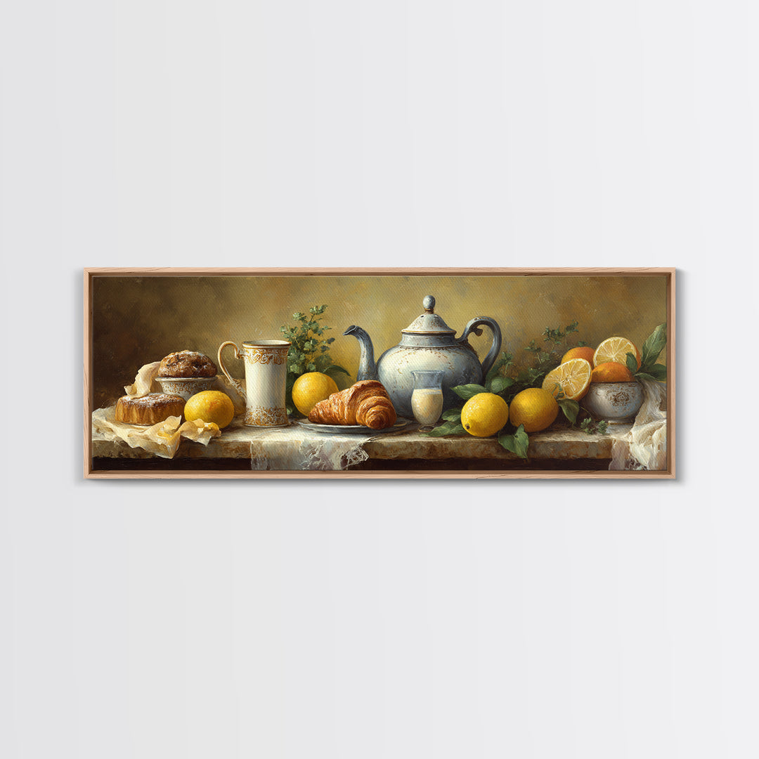 Coffee Pot and Croissant Morning Still Life Framed Canvas Print, Kitchen Art, Kitchen, Kitchen Decor, Oil Painting, Kitchen, KIT-3x1-47