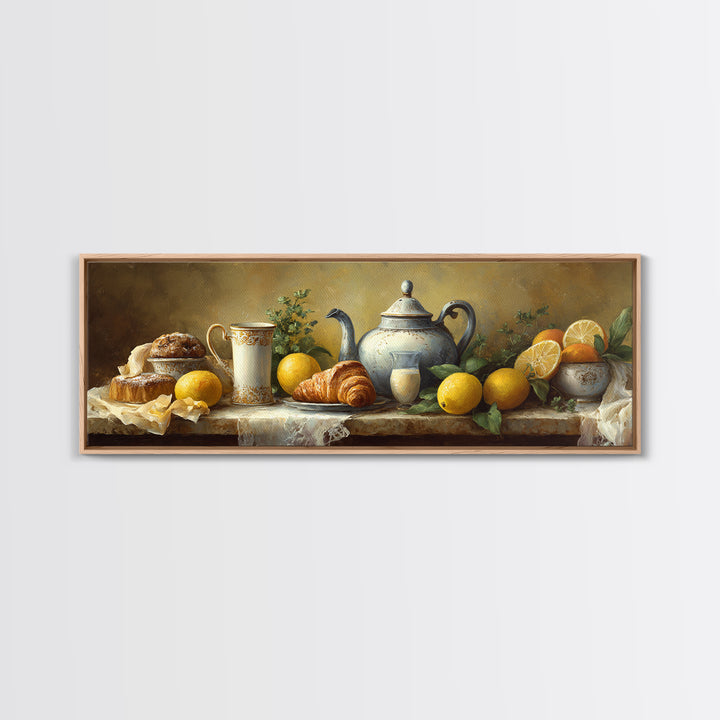 Coffee Pot and Croissant Morning Still Life Framed Canvas Print, Kitchen Art, Kitchen, Kitchen Decor, Oil Painting, Kitchen, KIT-3x1-47