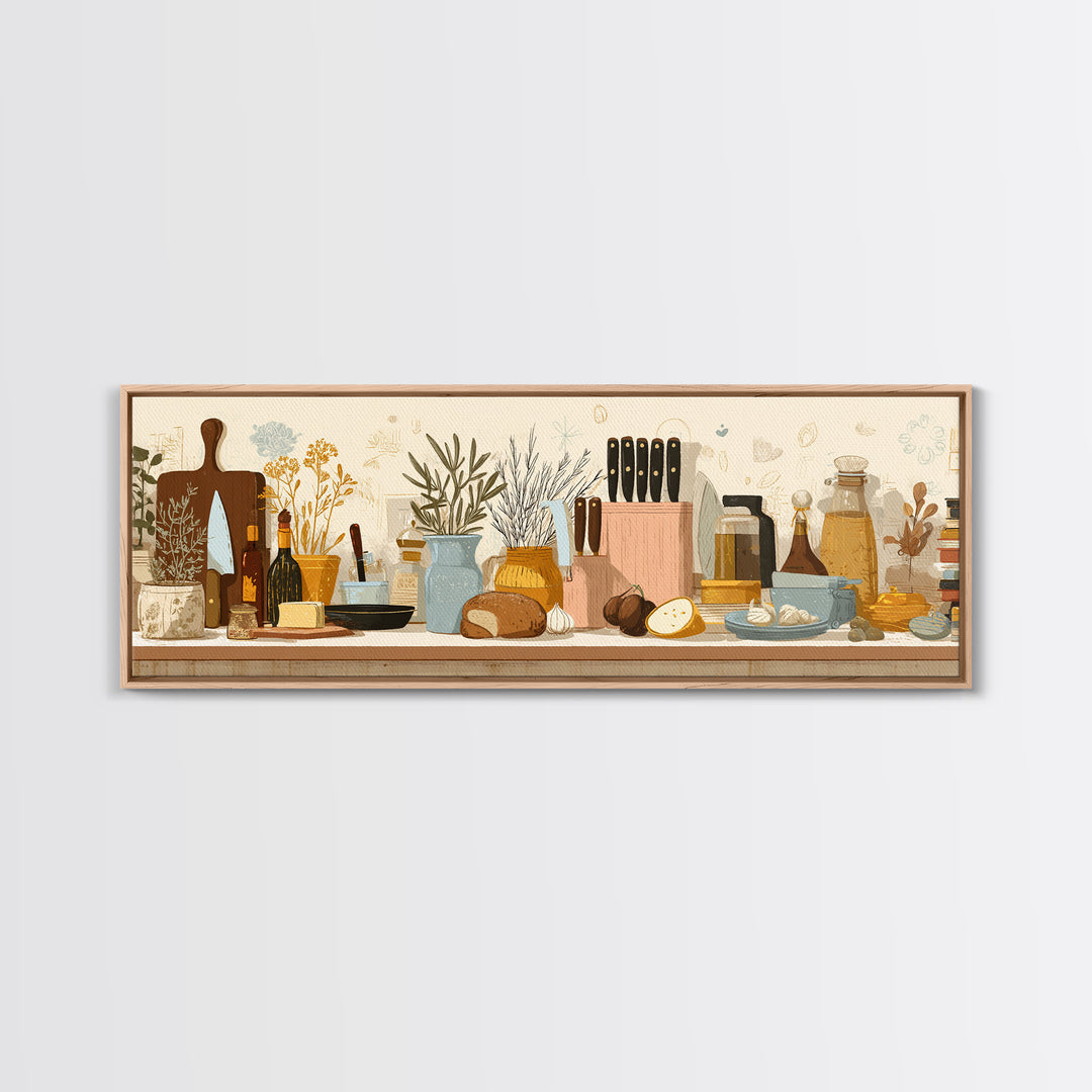 Chef Knives and Herbs Arranged as Graphic Canvas Print, Kitchen Art, Art Deco, Kitchen Decor, Watercolor Art, Kitchen, KIT-3x1-50