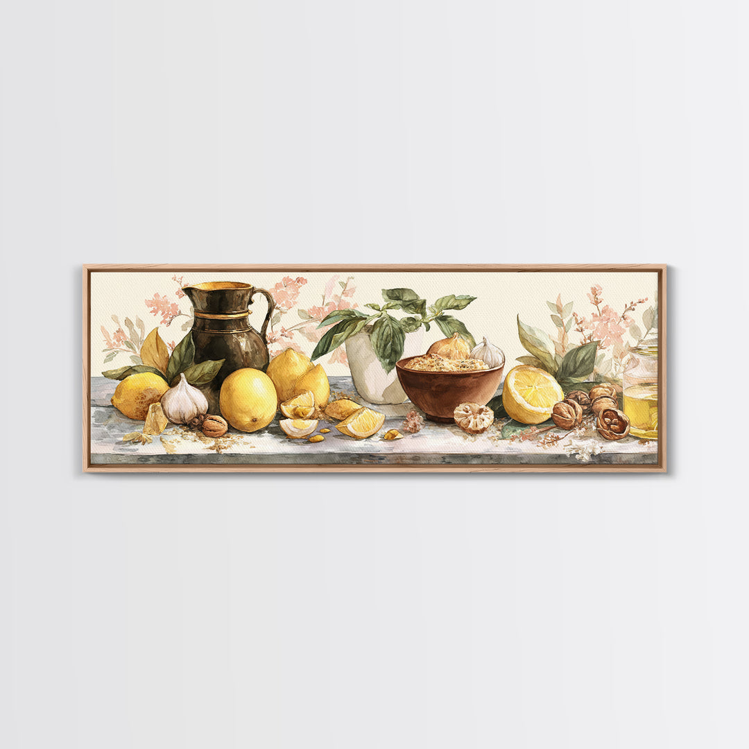 Pasta Lemons and Basil Mediterranean Still Life Framed Canvas Print, Kitchen Art, Coffee Art, Kitchen Decor, Fine Art, Kitchen, KIT-3x1-57