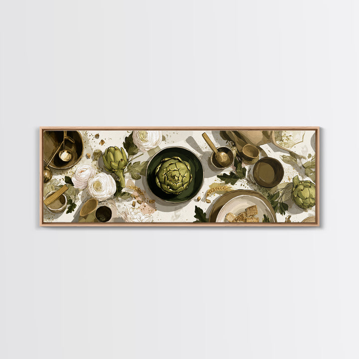 Artichoke Closeup in Painterly Green Tones Framed Canvas Print, Kitchen Art, Boho Decor, Kitchen Decor, Fine Art, Kitchen, KIT-3x1-60