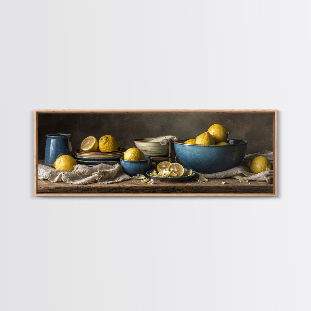 Lemons and Blue Ceramic Bowl Still Life Canvas Print, Kitchen Art, Printable Art, Kitchen Decor, Kitchen, Coffee Wall Art, KIT-3x1-66
