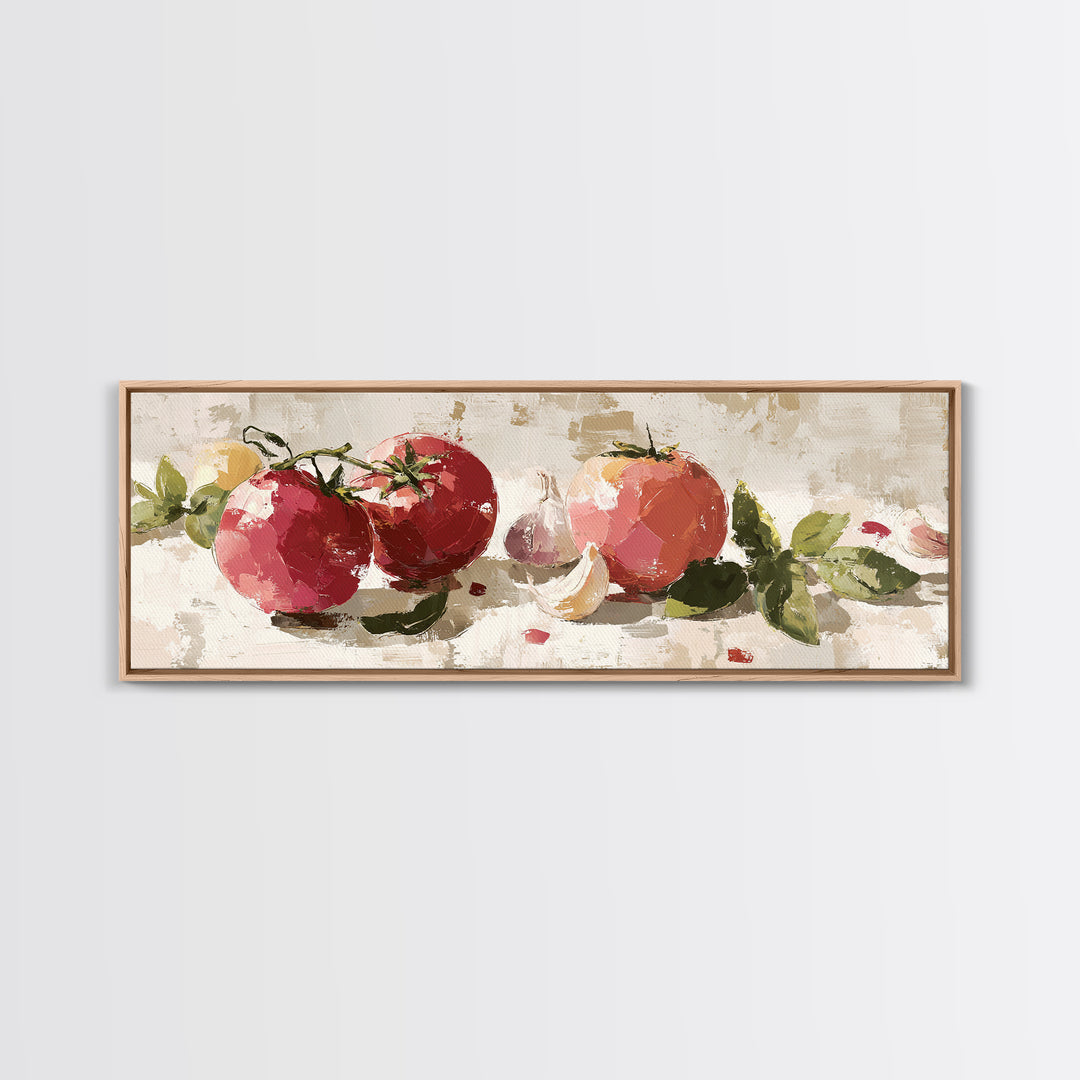 Tomatoes Garlic and Basil on Linen Framed Canvas Print, Kitchen Art, Digital Art, Kitchen Decor, Kitchen, Minimalist Wall Art, KIT-3x1-67