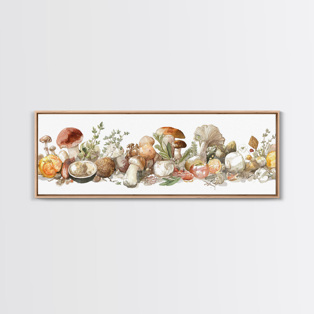 Mushrooms and Thyme Botanical Study Framed Canvas Print, Kitchen Art, Neutral Decor, Kitchen Decor, Fine Art, Kitchen, KIT-3x1-7