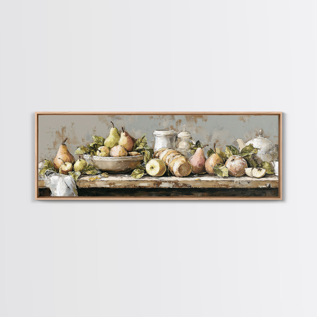 Farmhouse Pears on a Wooden Board Framed Canvas Print, Kitchen Art, Dining Room Wall Art, Kitchen Decor, Fine Art, Kitchen, KIT-3x1-73