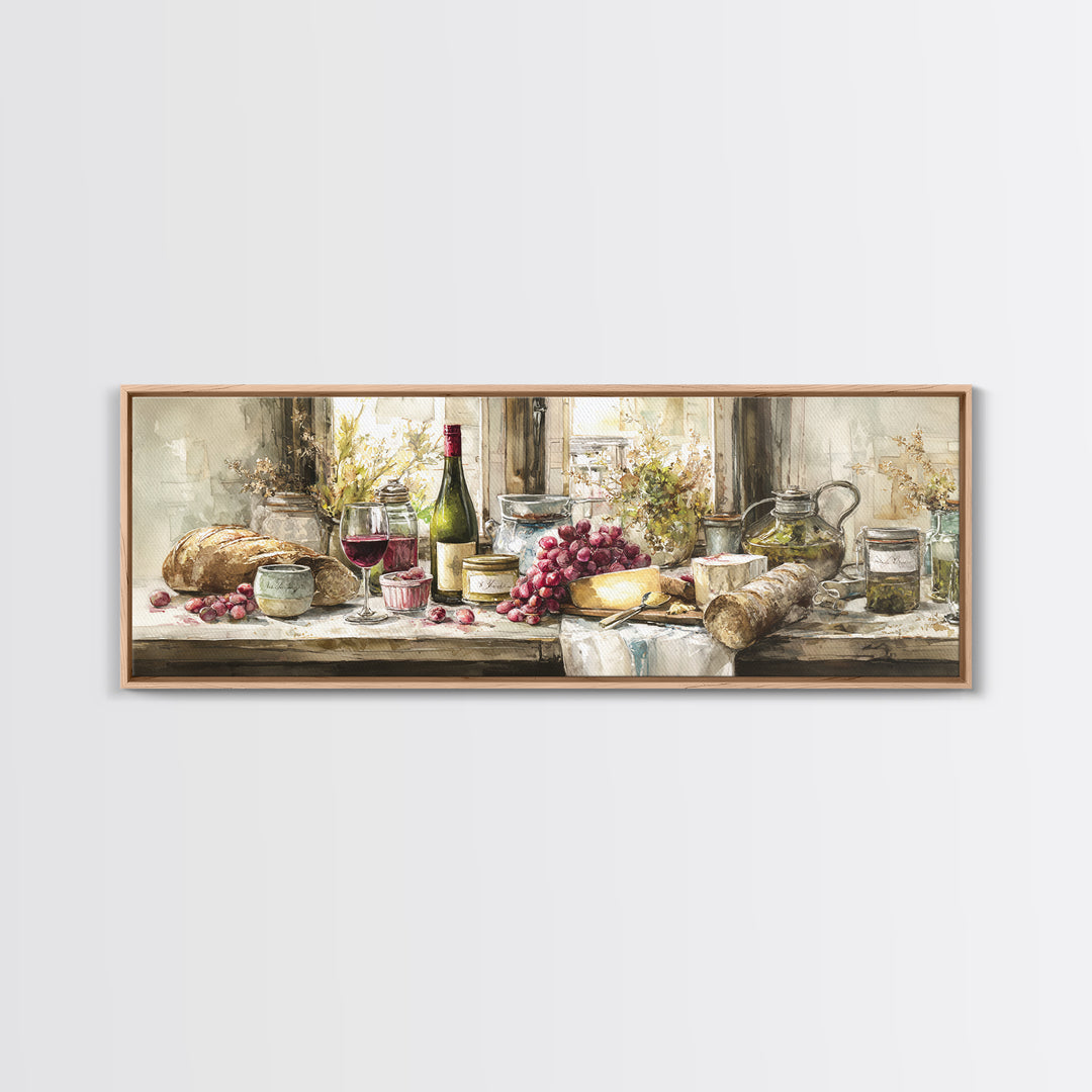 Wine Bottle Grapes and Cheese Still Life Canvas Print, Kitchen Art, Home Decor, Kitchen Decor, Fine Art, Kitchen, Digital Print, KIT-3x1-76