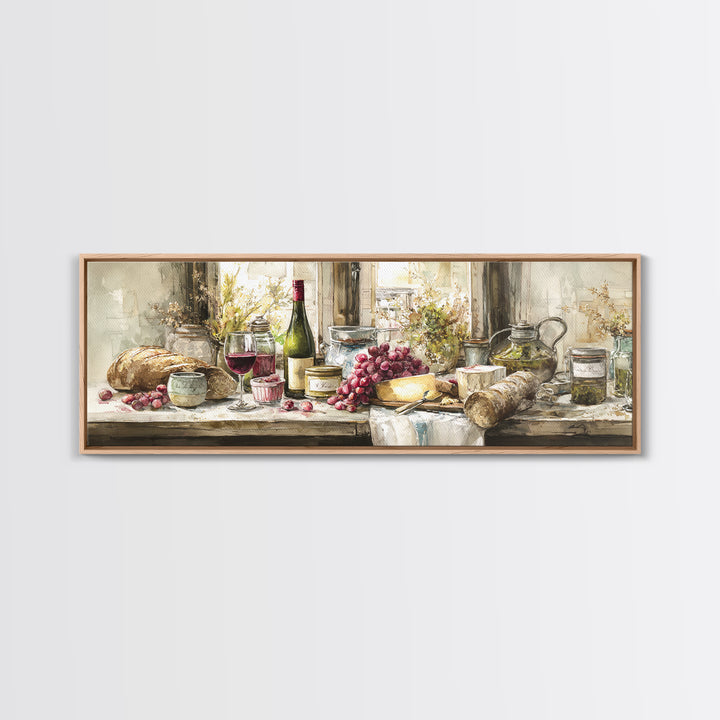 Wine Bottle Grapes and Cheese Still Life Canvas Print, Kitchen Art, Home Decor, Kitchen Decor, Fine Art, Kitchen, Digital Print, KIT-3x1-76