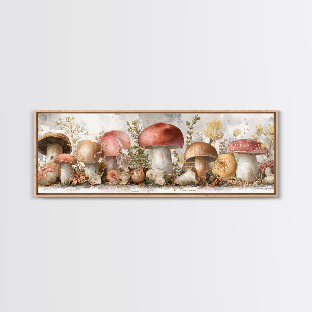 Mushrooms and Thyme Botanical Study Framed Canvas Print, Kitchen Art, Art Deco, Kitchen Decor, Watercolor Art, Kitchen, KIT-3x1-79