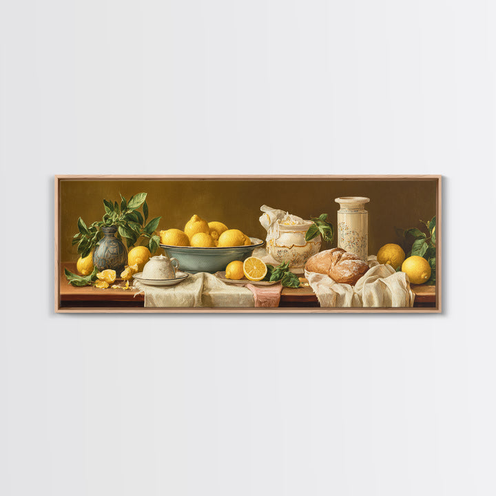 Pasta Lemons and Basil Mediterranean Still Life Framed Canvas Print, Kitchen Art, Coffee Art, Kitchen Decor, Fine Art, Kitchen, KIT-3x1-81