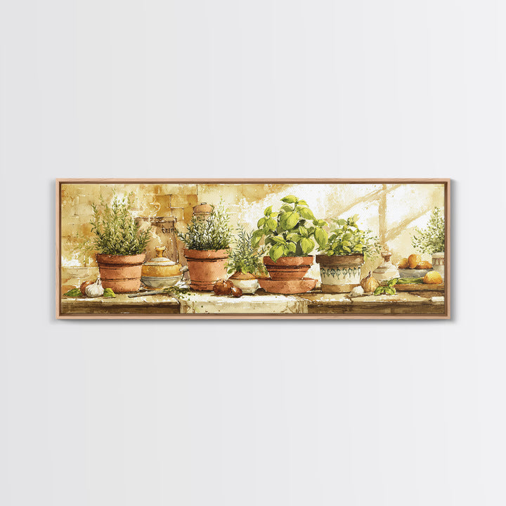 Fresh Herbs in Terracotta Pots Framed Canvas Print, Kitchen Art, Kitchen Art Print, Kitchen Decor, Oil Painting, Kitchen, KIT-3x1-89