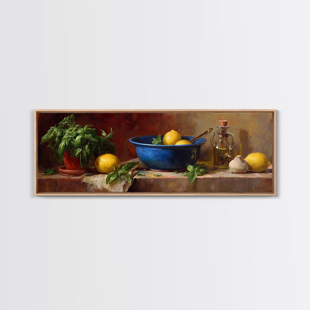 Lemons and Blue Ceramic Bowl Still Life Framed Canvas Print, Kitchen Art, Minimalist Wall Art, Kitchen Decor, Fine Art, Kitchen, KIT-3x1-90