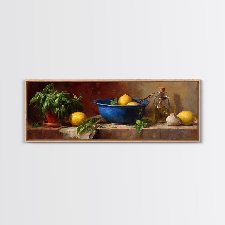 Lemons and Blue Ceramic Bowl Still Life Framed Canvas Print, Kitchen Art, Minimalist Wall Art, Kitchen Decor, Fine Art, Kitchen, KIT-3x1-90
