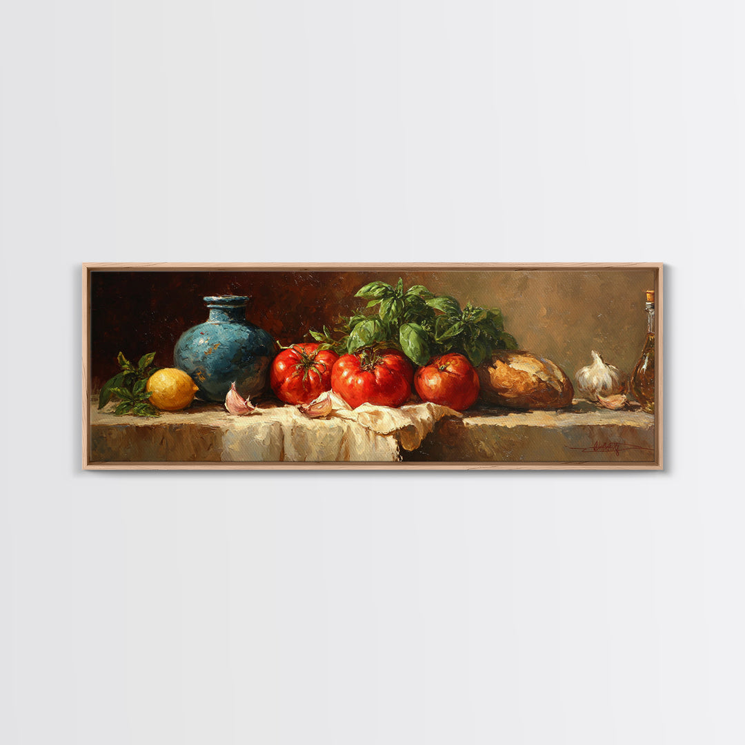 Tomatoes Garlic and Basil on Linen Canvas Print, Kitchen Art, Room Decor, Kitchen Decor, Abstract Art, Kitchen, Digital Art, KIT-3x1-91