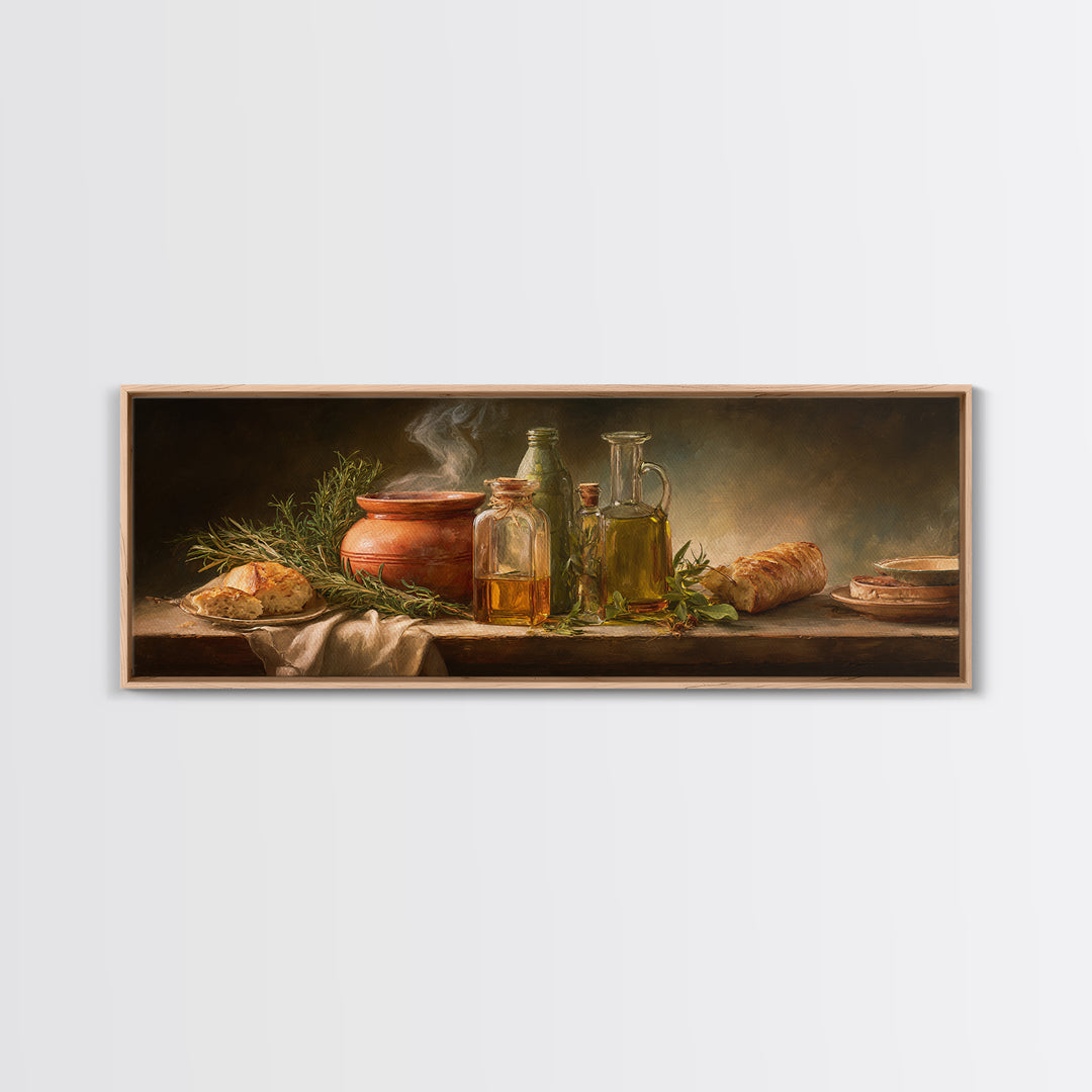 Olive Oil Bottle and Rosemary Branch Canvas Print, Kitchen Art, Bar Cart Decor, Kitchen Decor, Oil Painting, Kitchen, KIT-3x1-93