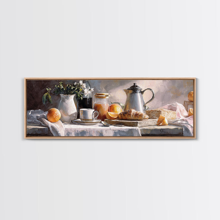 Coffee Pot and Croissant Morning Still Life Canvas Print, Kitchen Art, Textured Painting, Kitchen Decor, Oil Painting, Kitchen, KIT-3x1-95