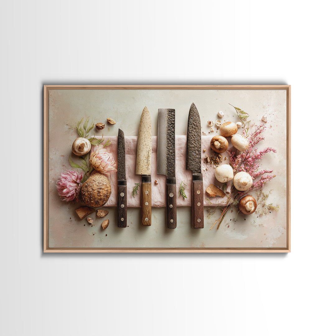 Chef Knives and Herbs Arranged as Graphic Framed Canvas Print, Kitchen Art, Art Prints, Kitchen Decor, Fine Art, Kitchen, KIT-3x2-14