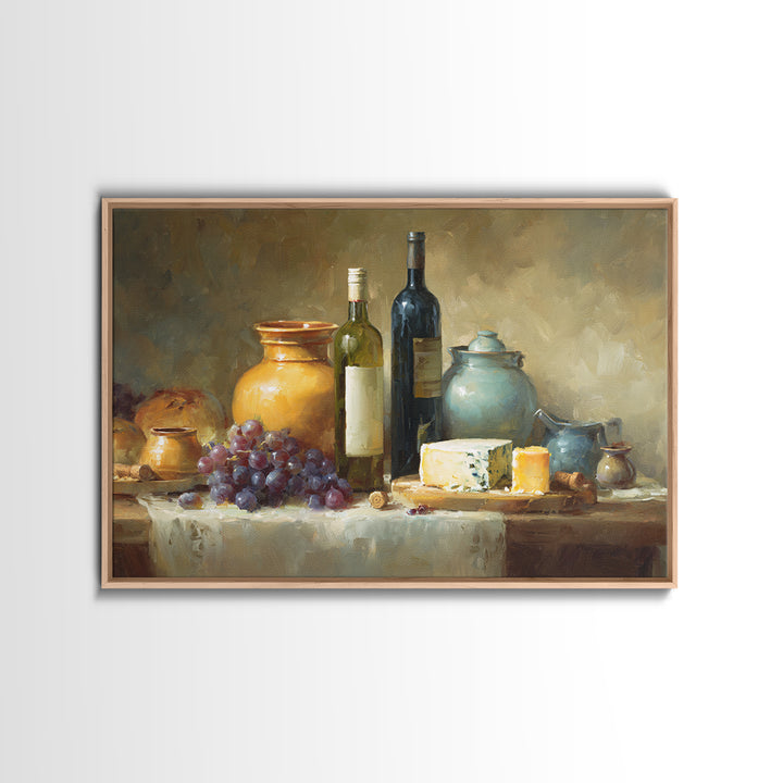 Wine Bottle Grapes and Cheese Still Life Canvas Print, Kitchen Art, Digital Print, Kitchen Decor, Watercolor Art, Kitchen, KIT-3x2-16