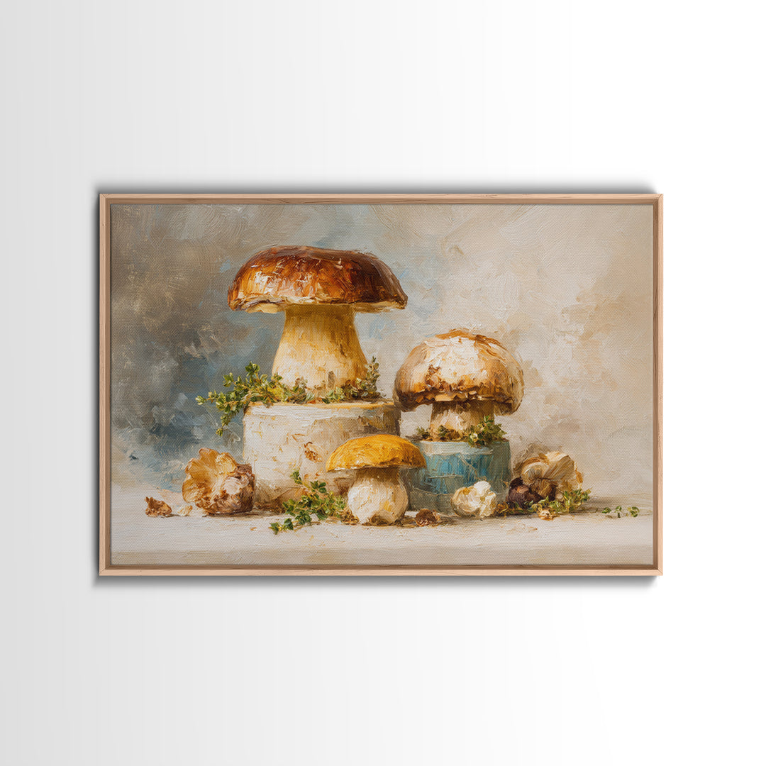 Mushrooms and Thyme Botanical Study Framed Canvas Print, Kitchen Art, Poster Art, Kitchen Decor, Fine Art, Kitchen, Boho Decor, KIT-3x2-19